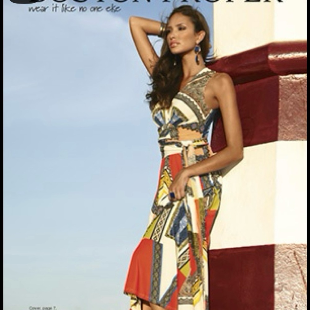 Boston Proper Orange, Blue, Tan, and Black Maxi Dress with scarf waist tie. - Picture 1 of 8